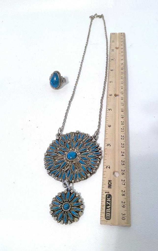 Silver Tone Beaded Necklace w/Large Turquoise Pendants & Matching Turquoise Colored Ring Size 5