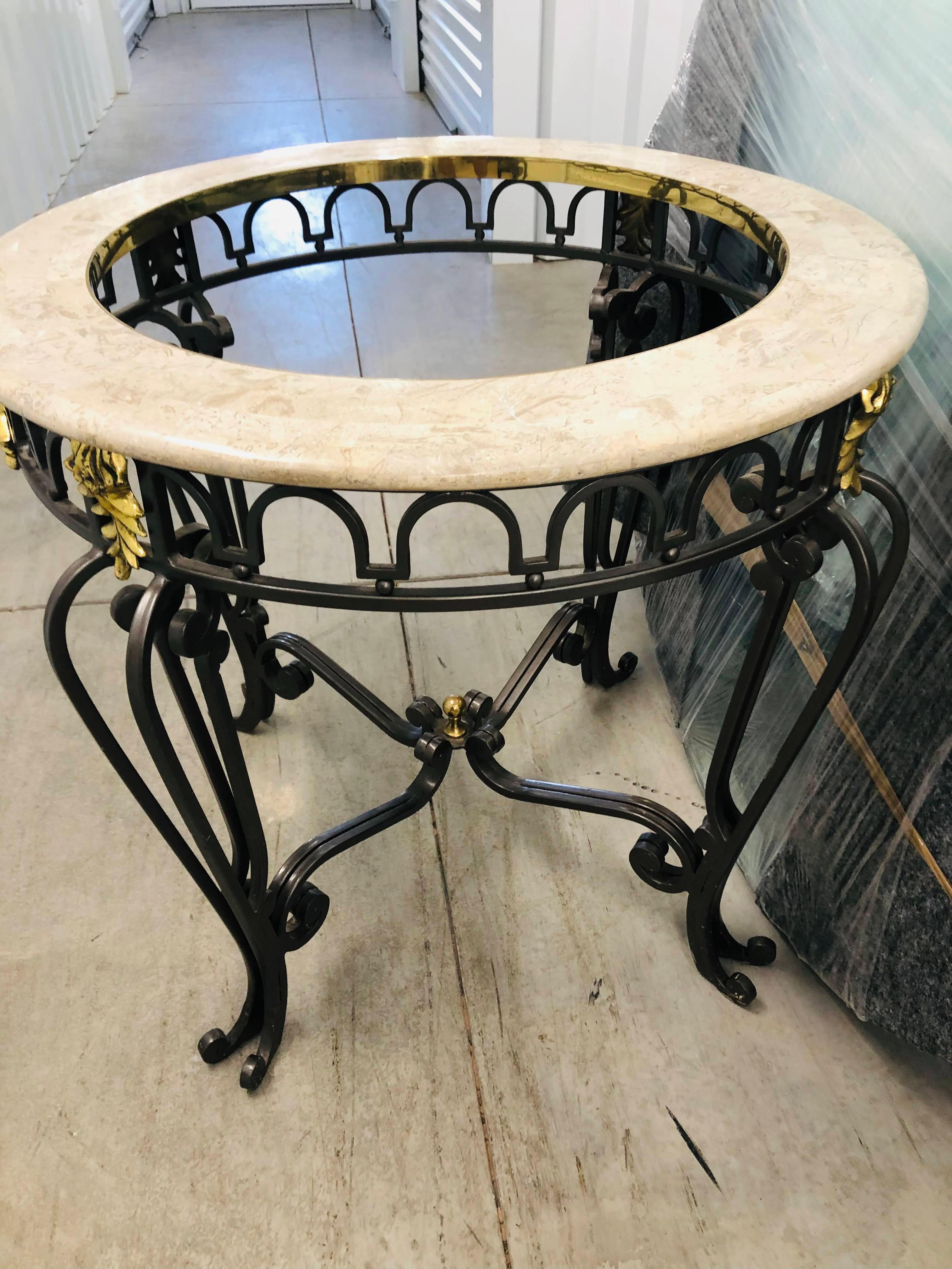 Large Pulaski Wrought Iron, Brass, Marble, and Glass Top Grecian Style Round Dining Table