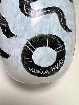 Mid-Century Signed Kosta Boda 8-1/2” Tall White and Black Glass Calamba Vase by Ulrica