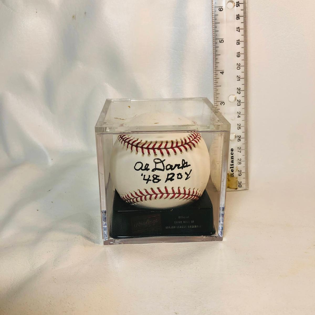 Autographed “Al Dark 48’ Roy” Baseball in Plastic Case