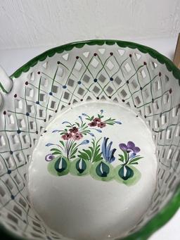 RC & CL Hand Painted Floral Porcelain Basket Made in Portugal