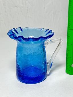 Hand Blown Blue Crackle Glass Mug/Creamer with Clear Handle