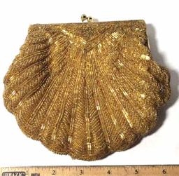 Beautiful Beaded Silk Lined Gold Tone Shell Shaped Evening Bag