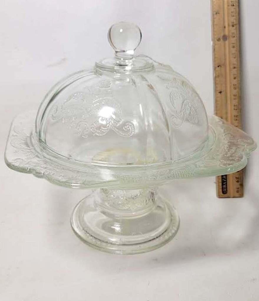 Vintage Federal “Madrid” Pattern Clear Covered Pedestal Cheese Dish