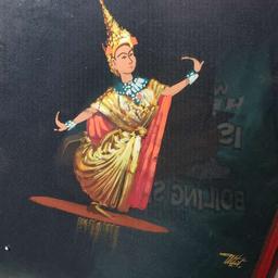 Pair of Signed Man & Woman Siamese Dancers in Tradition Costume Paintings on Fabric in Frames