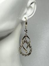 .925 Sterling Silver Dangling Pierced Earrings with Gold Overlay & Clear Stones
