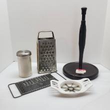 Vintage All In One Cheese Grater, Vintage Metal Cheese Grater, Fruit Slicer, Glass Sugar Shaker