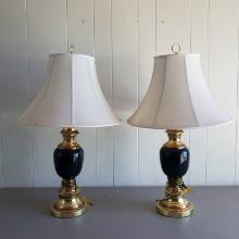 Pair of Navy Blue and Brass Tone Lamps