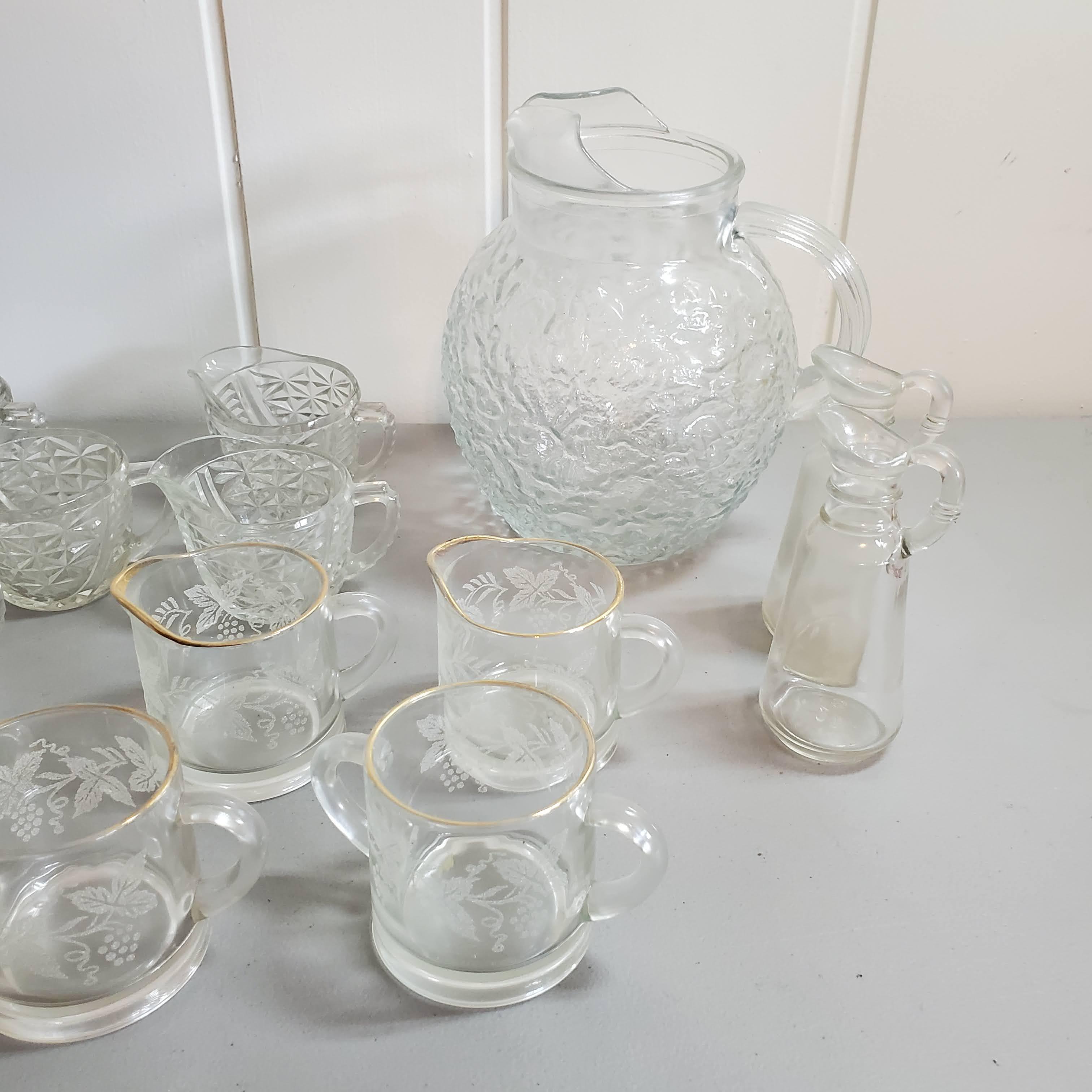 Lot of Vintage Glass Pitcher, Punch Glasses, and 2 Anchor Hocking Cruets