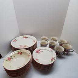 Gibson Dinnerware Set with Pink Flowers 8 Dinner Plates, 8 Dessert Plates