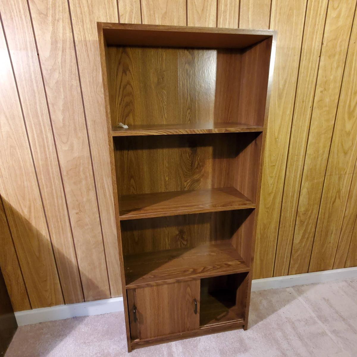 Brown Bookcase with 3 Shelves and a Cubby with Sliding Doors