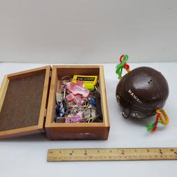 Wooden Box of Key Rings and Hand Painted Souvenir Coconut from Hawaii