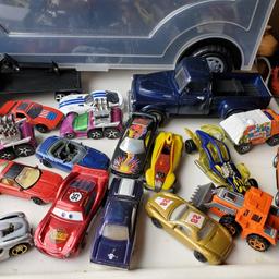 Lot of Hot Wheels and Other Cars and Trucks and Truck Shaped Car Storage Box