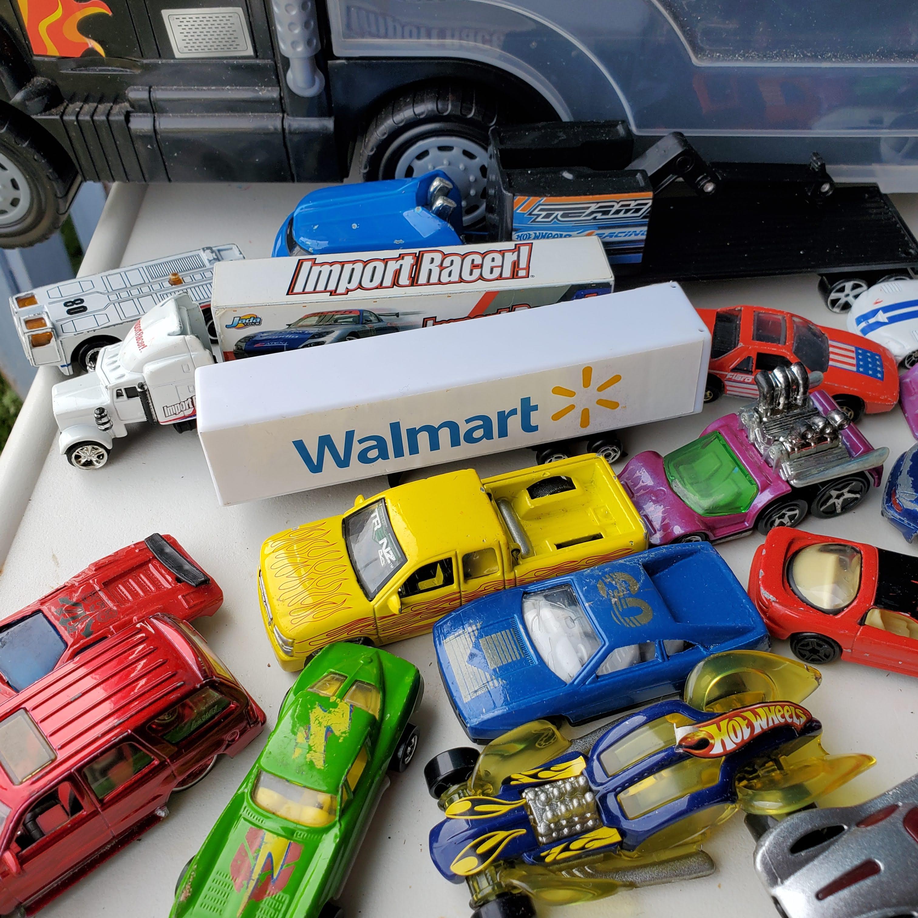 Lot of Hot Wheels and Other Cars and Trucks and Truck Shaped Car Storage Box