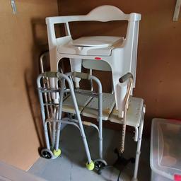 Tub Transfer Bench, 2 Walkers, Rubbermaid Toilet, and a 4 Footed Cane