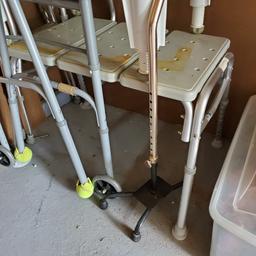 Tub Transfer Bench, 2 Walkers, Rubbermaid Toilet, and a 4 Footed Cane