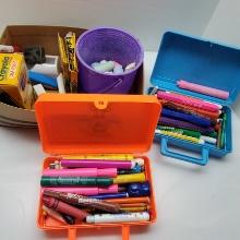 Lot of Crayons, Markers, Staplers, Tape Dispenser, and Sharpener