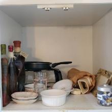 Cabinet Lot of Bowls, Glass Coffee Pitchers, Ceramic Platter, and more