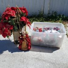 Christmas Ornaments, Angel Christmas Tree Topper, and Artificial Poinsettia in a Vase