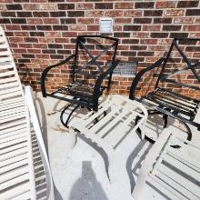 Outdoor Metal Framed Lounge Chair, 2 Swivel Rocking Chairs, and 2 Stools