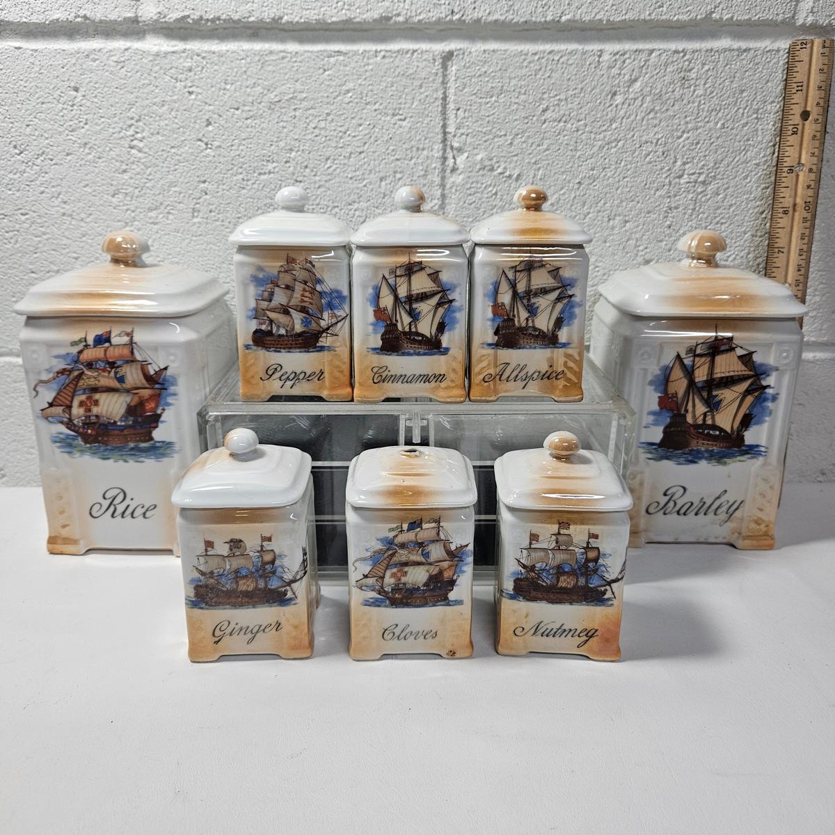 Victoria China Sailing Ship Rice and Barley Canisters with 6 Spice Holders