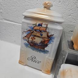 Victoria China Sailing Ship Rice and Barley Canisters with 6 Spice Holders