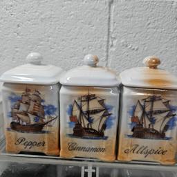 Victoria China Sailing Ship Rice and Barley Canisters with 6 Spice Holders