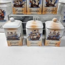 Victoria China Sailing Ship Rice and Barley Canisters with 6 Spice Holders