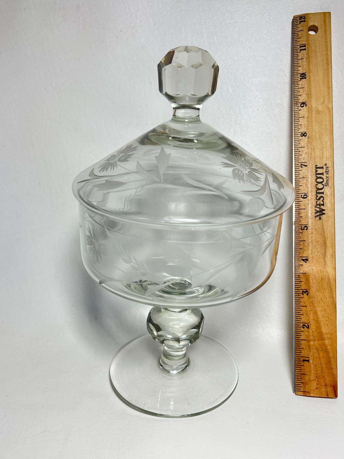 Lidded Etched Glass Pedestal Candy Dish with Lid