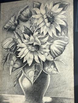 Large Framed Flowers Drawing Signed by Artist M. Freys '68