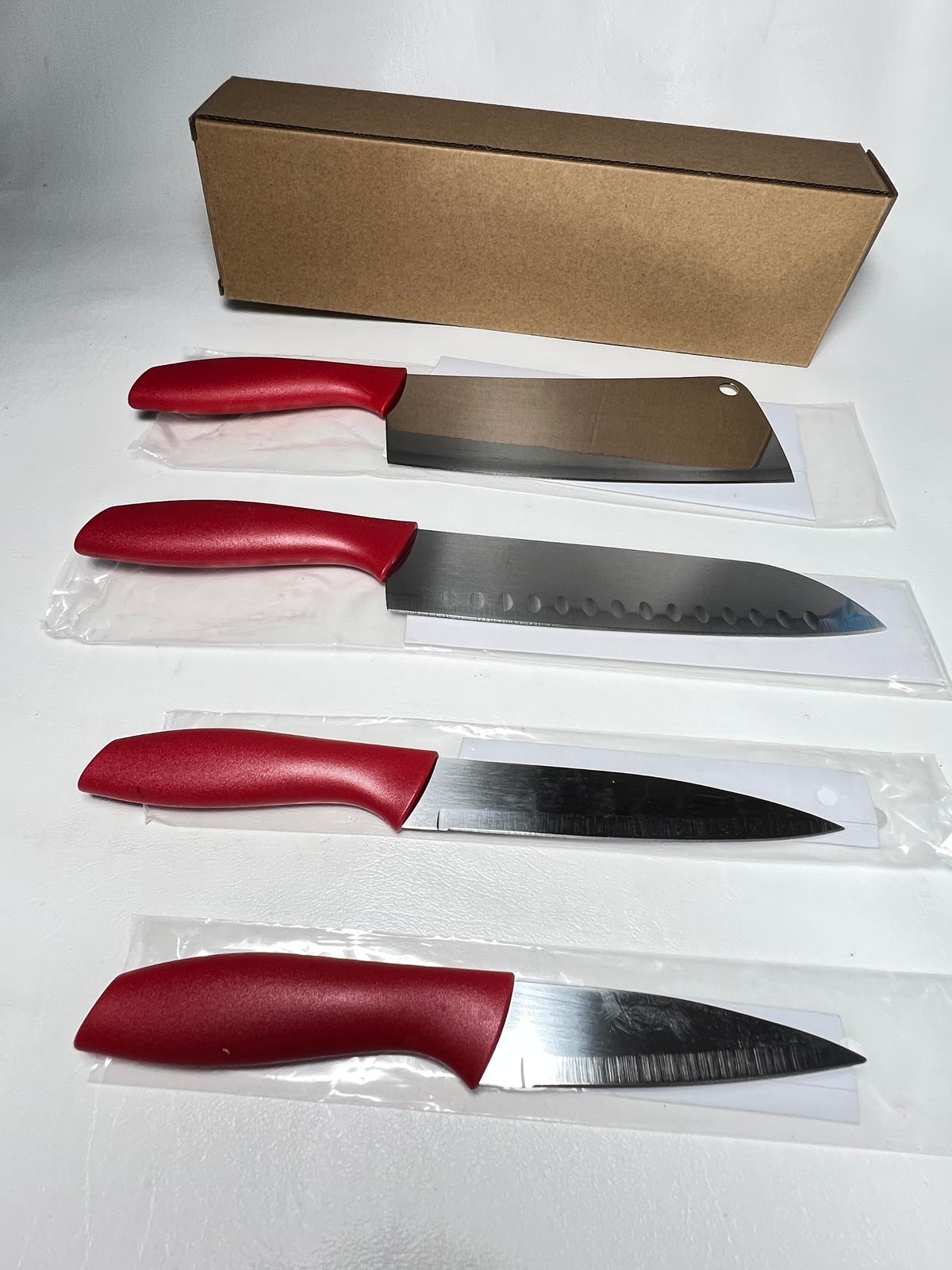 4 pc Red Handled Knife Set in Box