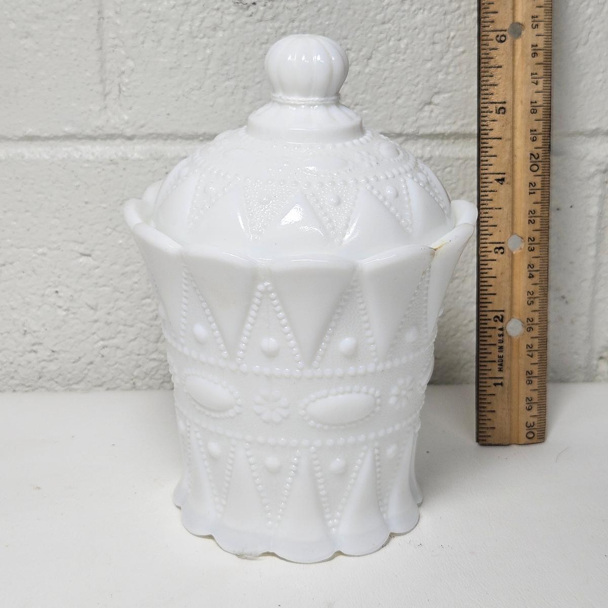 Vintage Kemble Lace and Dew Drop Milk Glass Candy Jar with Lid