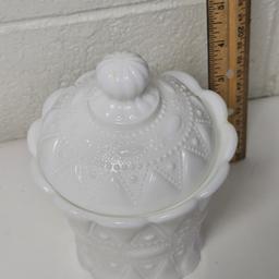 Vintage Kemble Lace and Dew Drop Milk Glass Candy Jar with Lid