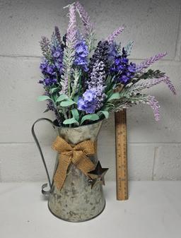 Galvanized Metal Style Pitcher with Faux Lavender Flowers