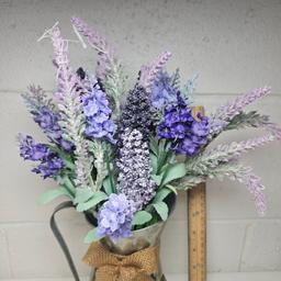 Galvanized Metal Style Pitcher with Faux Lavender Flowers