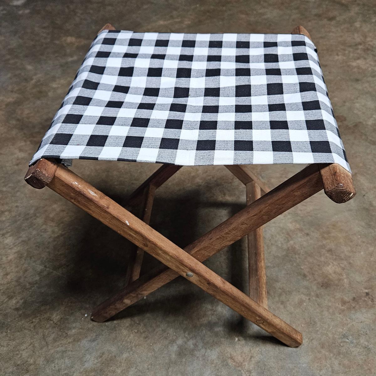 Vintage Folding Wood Stool with Replaced Fabric