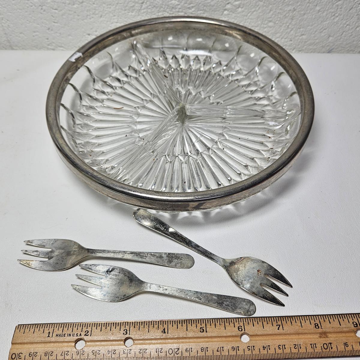 Glass And Silver Plated Relish Tray with Serving Forks, Italy