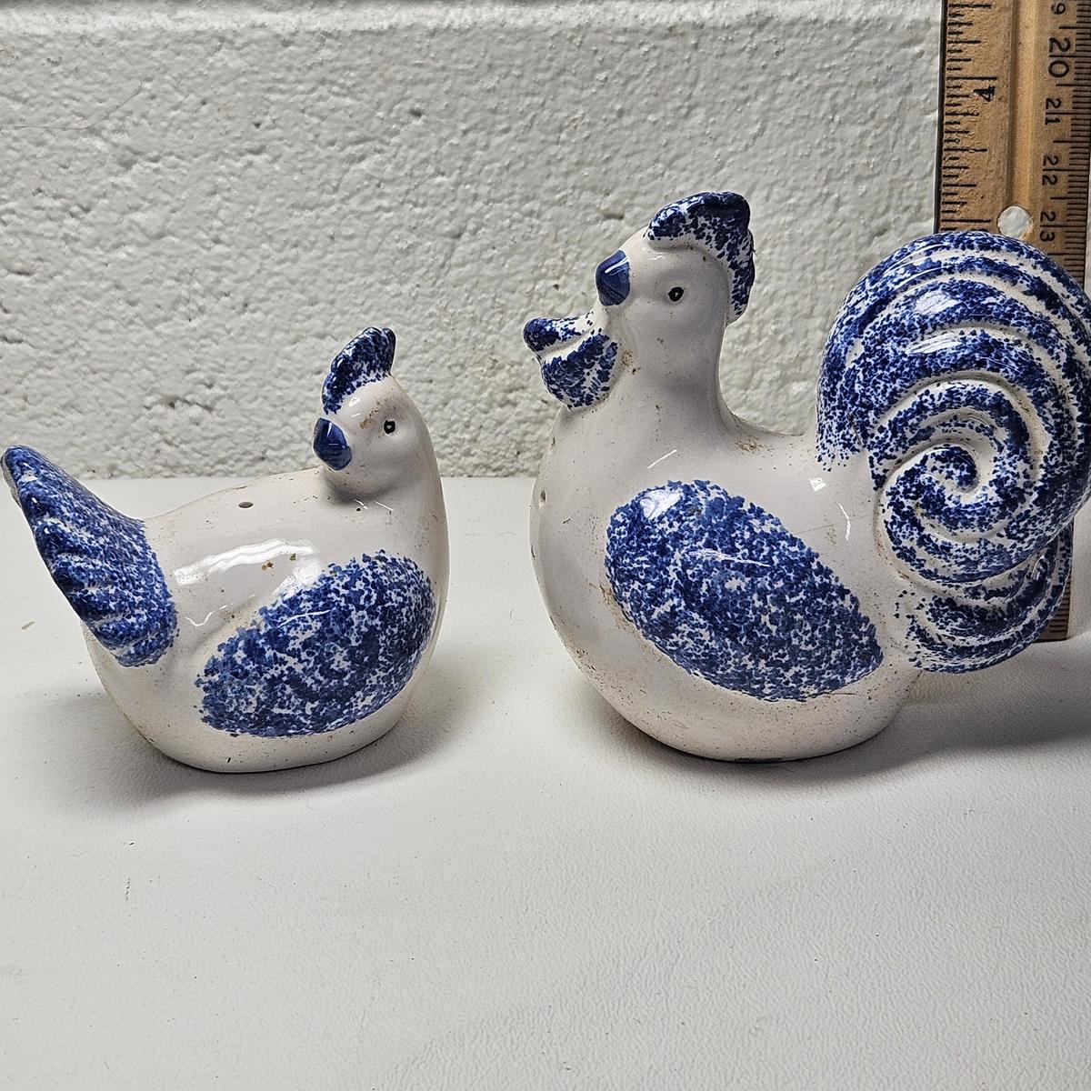 Blue & White Spongeware Style Chicken Salt and Pepper Shakers