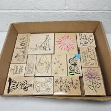 Box Lot of Wood Block Rubber Stamps