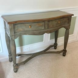 2 Drawer Green Distressed Sofa Table with Stretcher Base