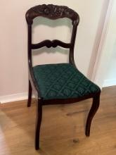 Mahogany French Empire Style Carved Back Side Chair with Green Upholstered Seat