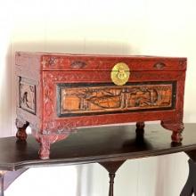 Ornately Carved Wooden Box with Oriental Scene