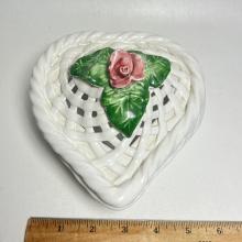 Pretty Open Lattice Heart Shaped Ceramic Trinket Dish with Rose Top Made in Portugal