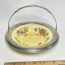 Pretty Golden Maze Floral Bowl w/ Silver Plated Handle & Edge Made for Farberware by Sebring Pottery