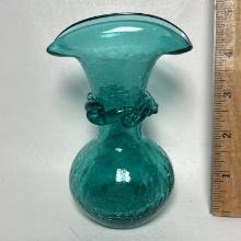 Unique Handblown Turquoise Crackle Glass Vase