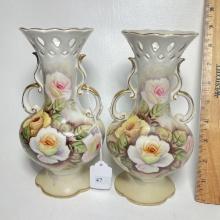 Pair of Vintage Ucagco Ceramics Double Handled Floral Vases