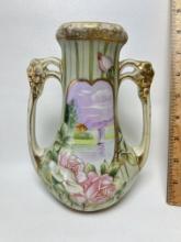 Gorgeous Hand Painted Nippon Double Handled Vase with Lake Scene & Gilt Accent