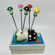 Adorable 7 pc Mushroom Wooden Party Picks Made in Japan