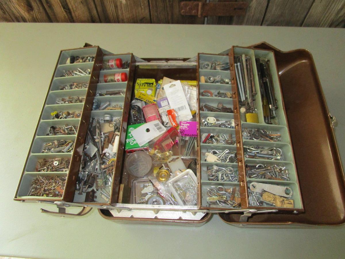 Metal Tool Box Full of Screws, Nails, and Misc. Hardware