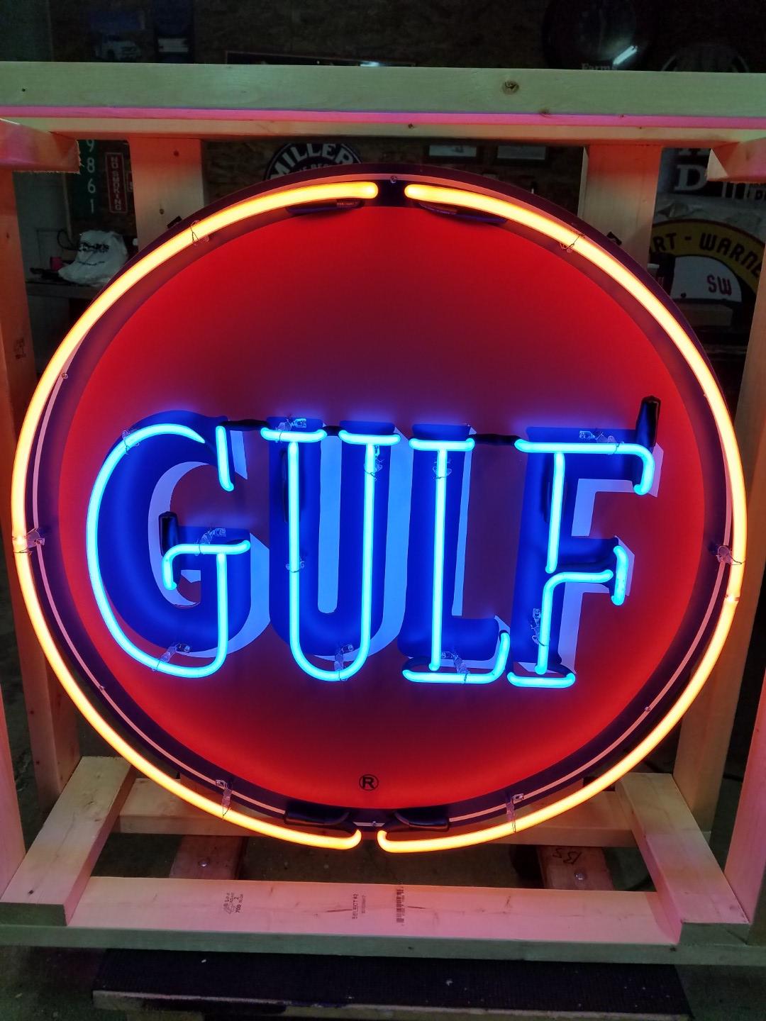 Gulf tin neon sign, on full metal canister, 36in diameter